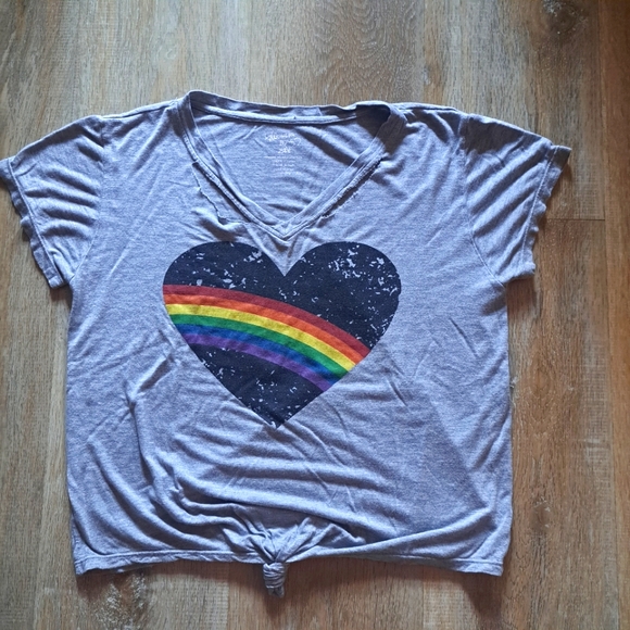 Flowers by Zoe Tops - Flowers by Zoe Gray Rainbow Heart V-neck Distressed Shortsleeve Crop Top XL